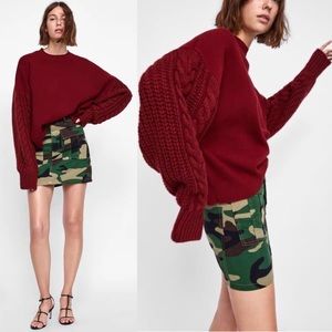 ZARA Sweater with Cable Knit Sleeves in Maroon Red